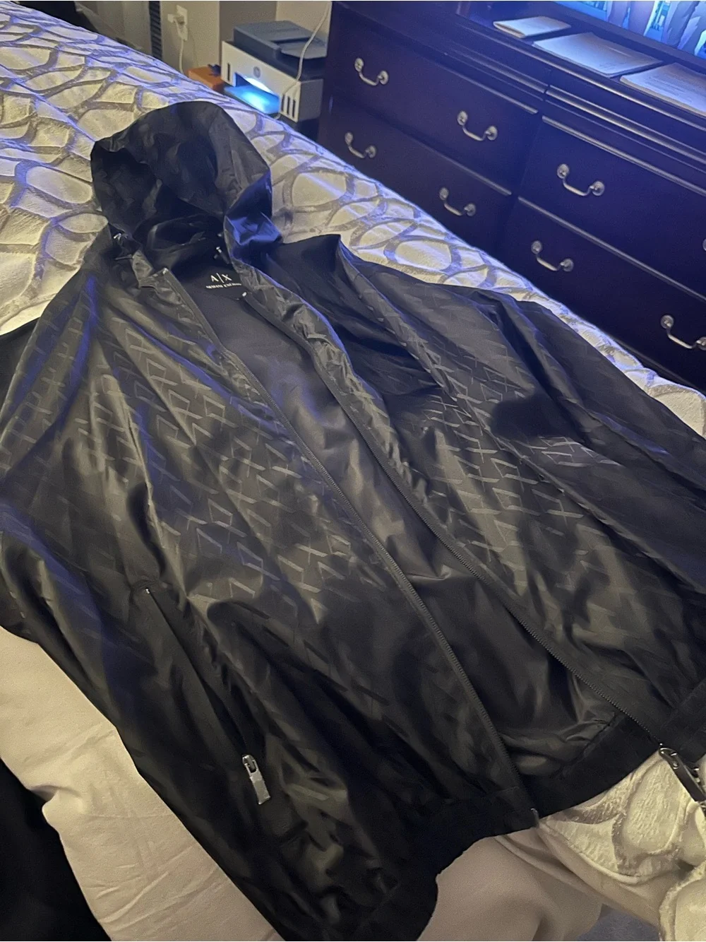 Armani Exchange Men's Black Hooded Windbreaker with Subtle Geometric Print